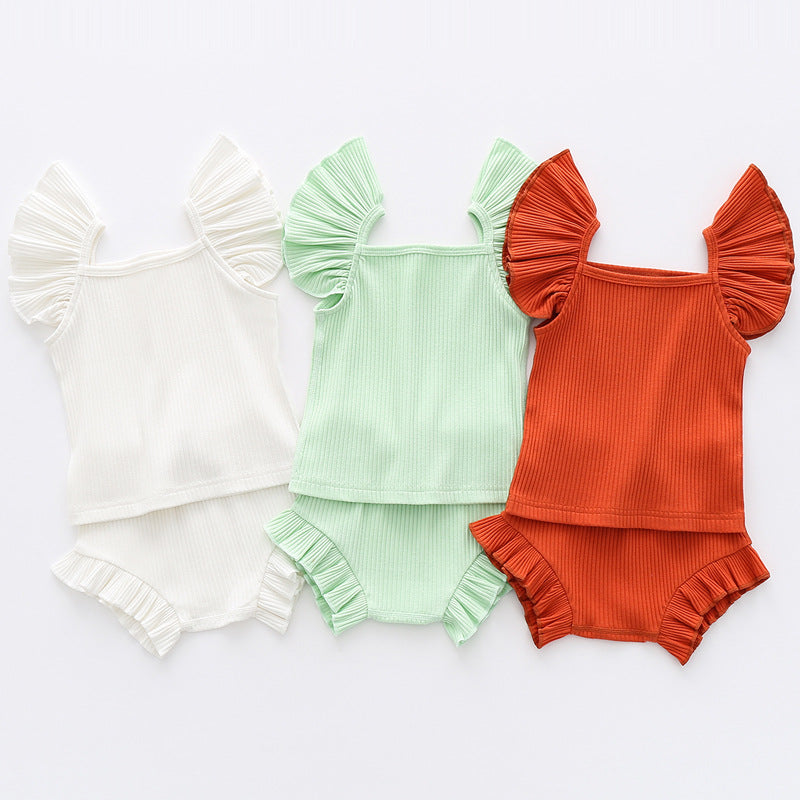 Baby Girl Ruffle Sleeve Solid Striped Causal Outfit Set - Top with Shorts - Perfect for Summer!