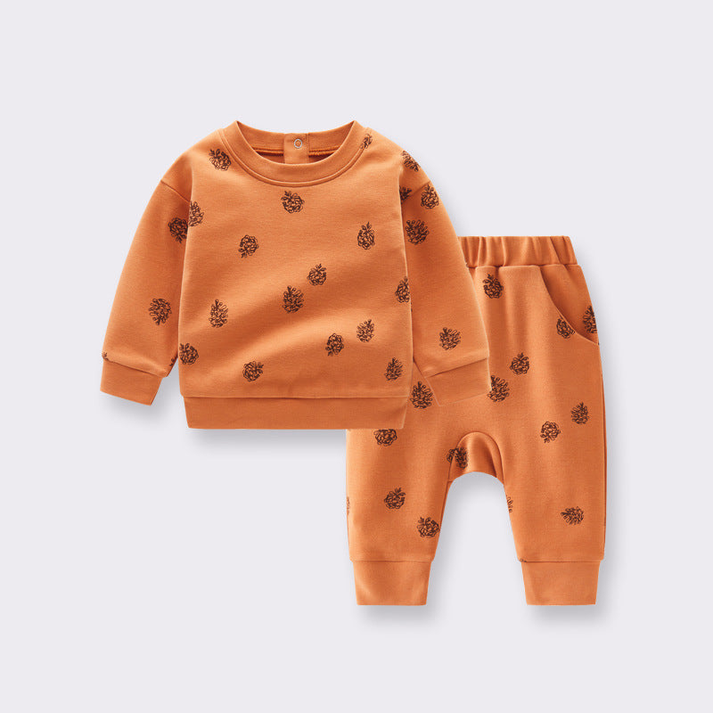 Baby Unisex Leaf Pattern Long Sleeves Cotton Zip Jumpsuit Set