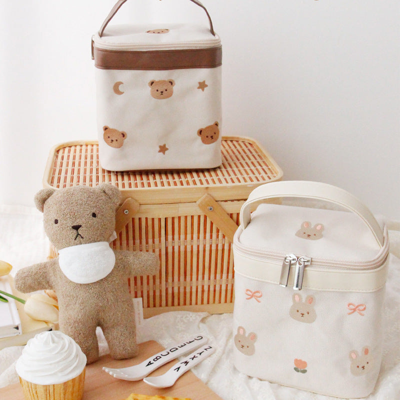 Cute Animal Embroidered Portable Picnic Lunch Box Food Insulation Bag