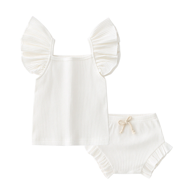 Baby Girl Ruffle Sleeve Solid Striped Causal Outfit Set - Top with Shorts - Perfect for Summer!