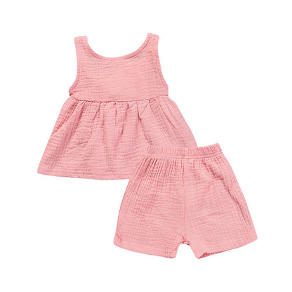 Toddler Girl Sleeveless Cotton Linen Vest Outfit Set - Dress with shorts - Perfect for Summer!