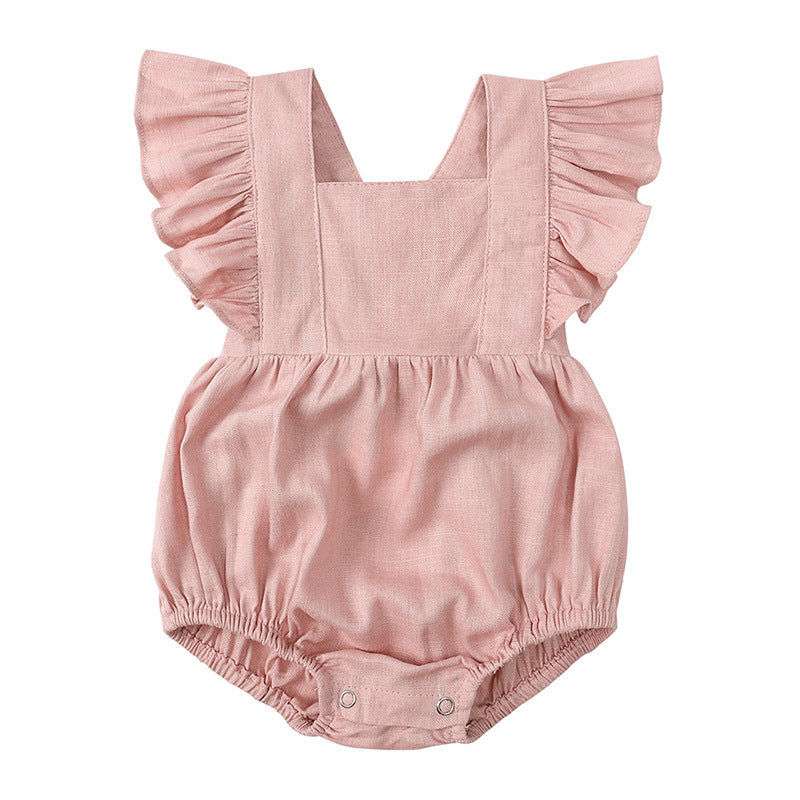 Baby Girl Ruffle Sleeve Solid Cotton Linen Romper - Perfect for Summer!