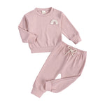 Toddler Unisex Rainbow Embroidery Round Neck Long Sleeves Causal Outfit Set - Top with Pants